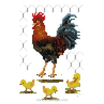 Broderie mini kit le coq et 3 poussins de Luc Création