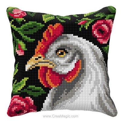 Coussin poule aux roses d'Orchidea au point de croix