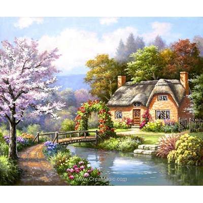 Broderie diamant house near the river - Diamond Painting