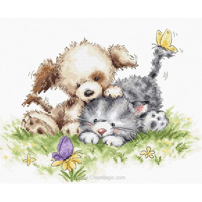 Broderie Enfant - Dog and cat with butterfly - Luca-S