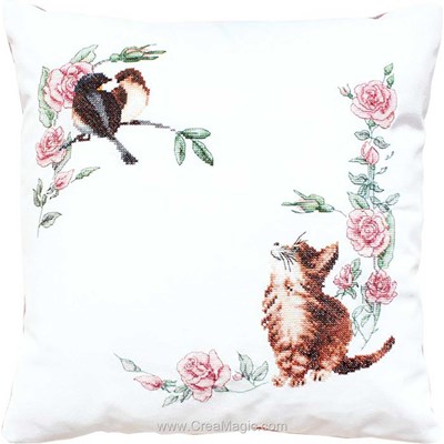 Kit coussin le chat et les oiseaux à broder au point de croix - Luca-S