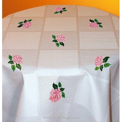 Nappe en kit Aux 4 Points Du Monde de roses damassée à broder au point de croix