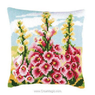 Coussin Vervaco roses tremières au point de croix