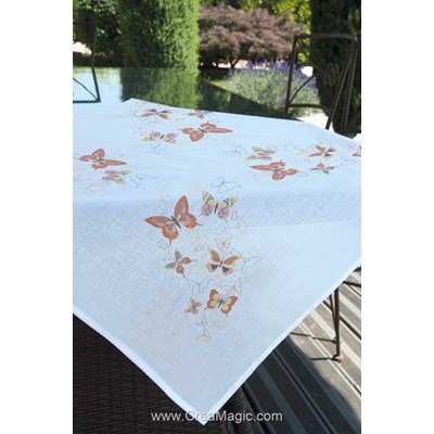 Nappe imprimée en broderie traditionnelle papillons orangés - Brodélia