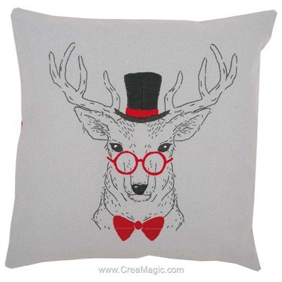 Coussin Vervaco cerf aux lunettes rouges à broder en broderie traditionnelle imprimée