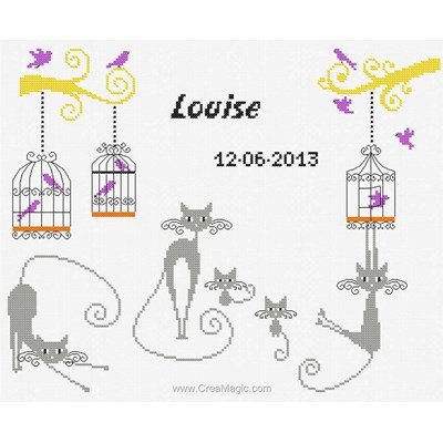 Broderie naissance Princesse chats et cages d'oiseaux