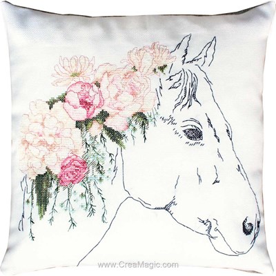 Kit coussin à broder au point de croix le cheval aux roses - Luca-S