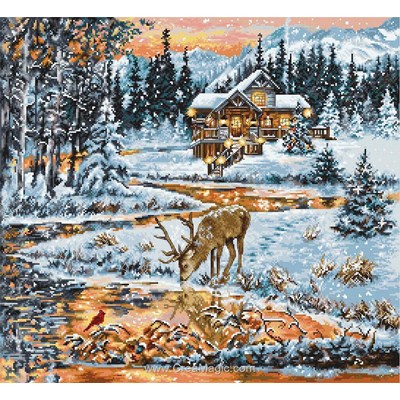 Broderie au point de croix compté l'aurore sur le chalet enneigé de Luca-S