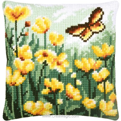 Coussin Papillon et fleurs jaunes - Vervaco