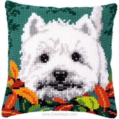 Coussin Vervaco au point de croix westie et feuilles d'automne