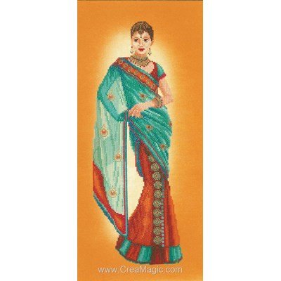 Indian lady in bleu sari sur etamine broderie point de croix - Lanarte