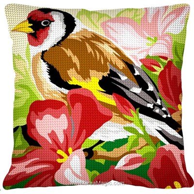 Coussin chardonnet et hibiscus de Margot au demi point