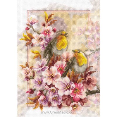 Kit Point De Croix Zweigart - Mésange Bleue Et Cerise - Tissu Aida 14, Fils Gamma - Dimensions Finies 25x35 Cm