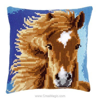 Kit coussin portrait de cheval bleu au point de croix de Vervaco