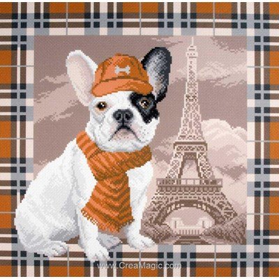 Broderie imprimée bouledogue à paris sur aida - Collection d'art