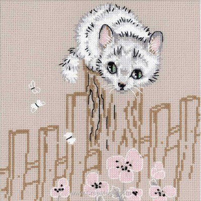 Broderie en point compté chaton blanc à la barrière de RIOLIS