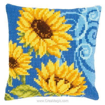 Kit coussin tournesols sur fond bleu de Vervaco au point de croix