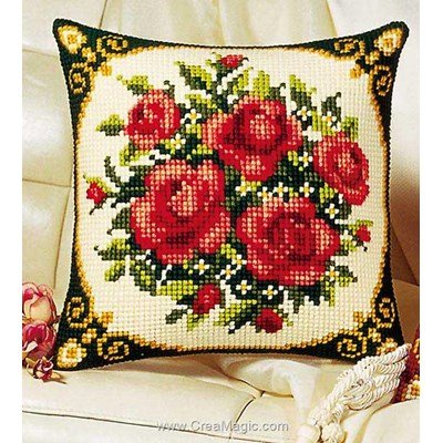 Coussin bouquet de roses rouges au point de croix de Vervaco