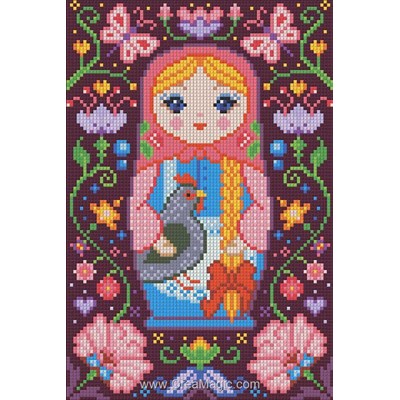 Kit broderie diamant Diamond Painting poupée russe avec la poule