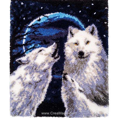 Kit tapis point noué famille de loup blanc sous la lune de Vervaco