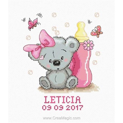 Point compté enfant tableau naissance Luca-S doudou et biberon rose