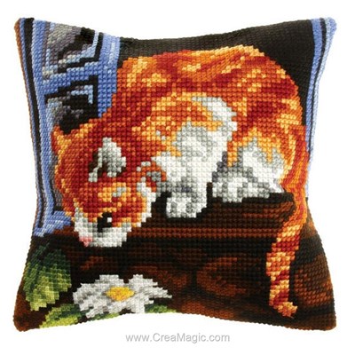 Kit coussin chat roux à la fenêtre au point de croix d'Orchidea