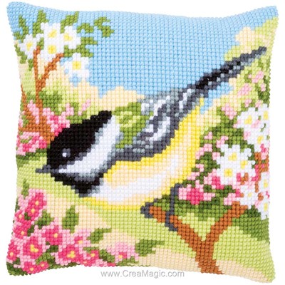 Coussin mésange dans jardin de Vervaco au point de croix