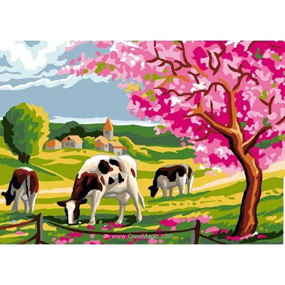 Les vaches et cerisiers fleuris canevas - Luc Création