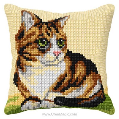 Kit coussin point de croix chat tigré aux yeux vert - Orchidea