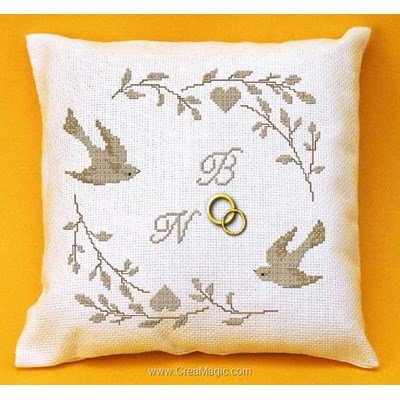 Coussin de Mariage Oiseaux et Cœurs à broder au point de croix - Planète Mauve