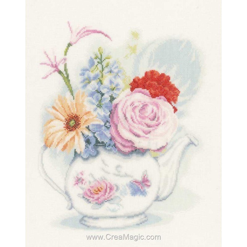 Kit broderie point compté fleurs en théière sur lin , Lanarte