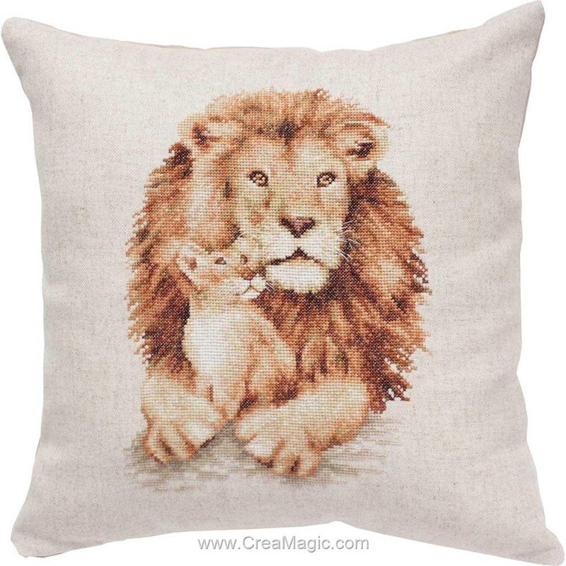 WallustrioaW Lion Broderie Coussin Point De Croix Kit Complet,animaux De La Forêt Kit Point De Croix DIY Kit Loisir Créatif Pour Adulte,45x45cm Cadeau