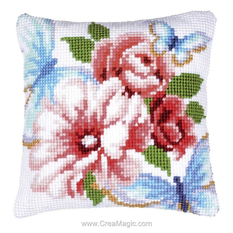 Kit De Point De Croix Vervaco Pour Coussin à Fleurs - Neuf Complet (canevas, Fils, Aiguille)