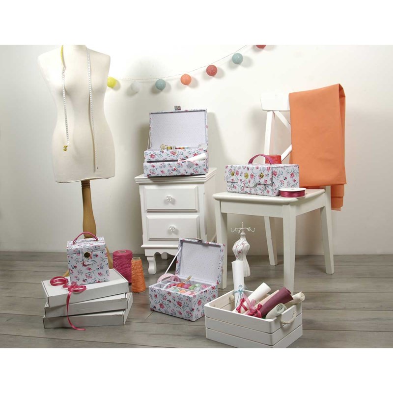 Grande Boîte à Couture Avec Plateau Compartimenté - Tissu Coton Brodé, Poignée - 23,5x31x20 Cm - Hobby Gift - Rangement Organisé