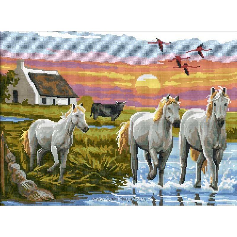 Kit Broderie Point De Croix - Cheval Sur La Plage - Toile Imprimée 11CT 50x70 Cm - Débutant