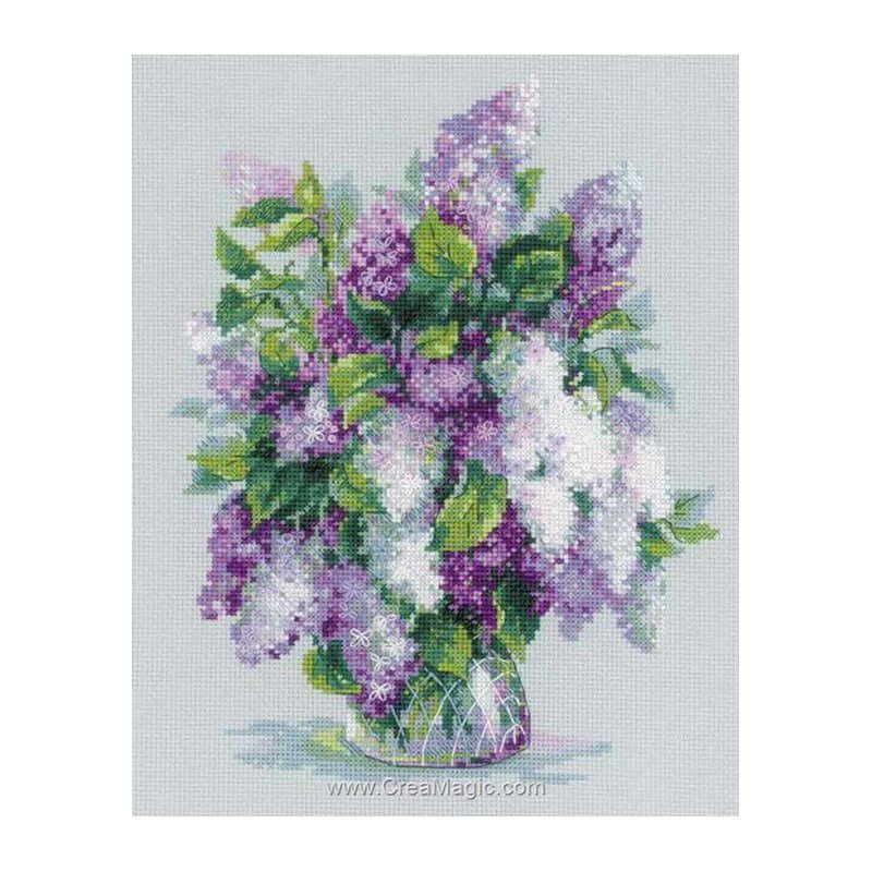 Kit broderie point compté vase de lilas blanc et violet R1447 - RIOLIS