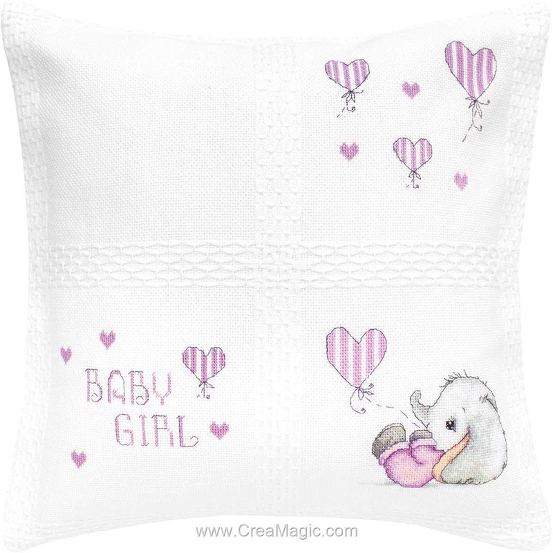 Coussin bébé éléphanteau fille aux ballons coeurs- toile afgan à broder au  point compté - Luca-S