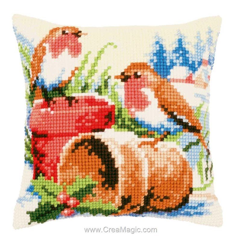 Coussin Point De Croix Rouge Gorge D'hiver Chez Vervaco