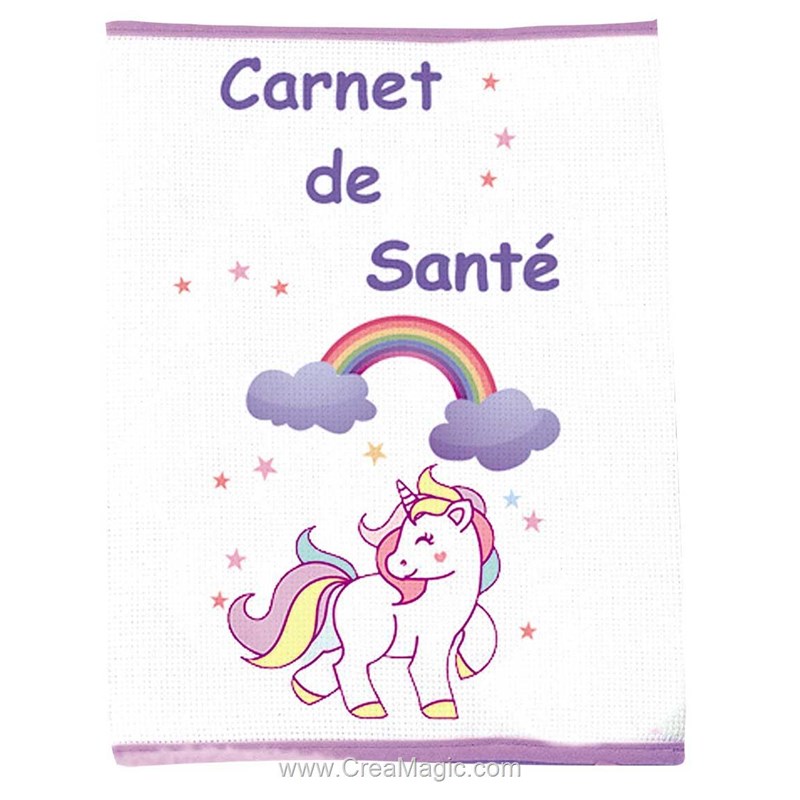 Protège carnet de santé licrone bleu, rose et blanc avec broderie argentée