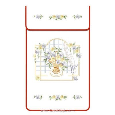 Cache torchon La corbeille à la fenêtre sur toile coton blanc à broder en broderie traditionnelle - Luc Création